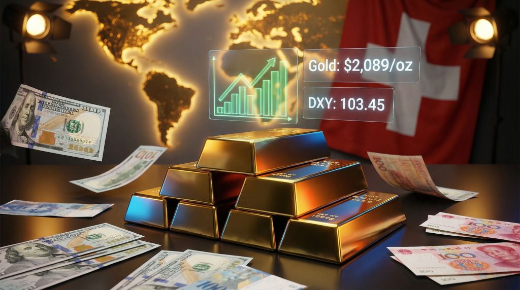 Gold bars and currency impact safe-haven assets.