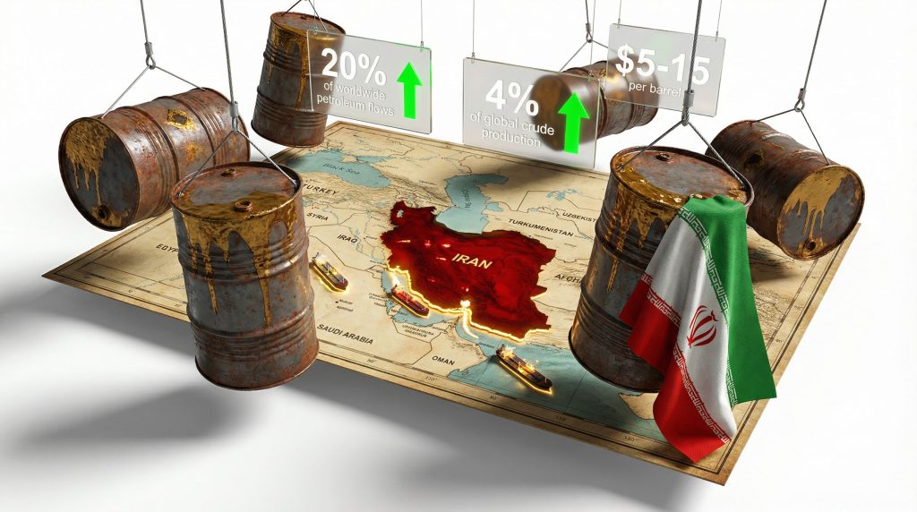 Iran tension oil price increase visualized with barrels.
