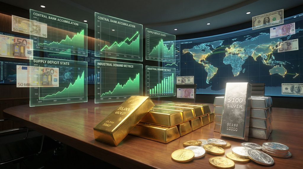 Gold and silver bars, financial charts.