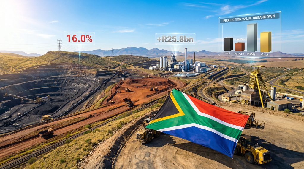 South African mining production decline infographic.