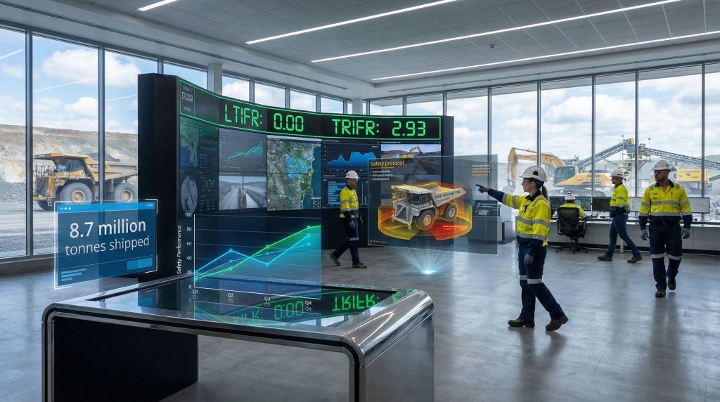 Workers in a control room analyzing Mineral Resources safety performance.