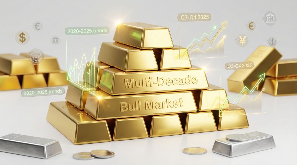 Gold bars symbolizing a long-run gold bull market.