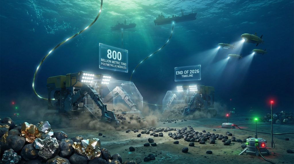 Underwater mining machinery with timeline projections.