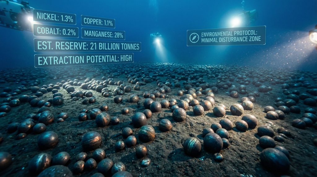 Deep-sea mining permit approval with nodules.