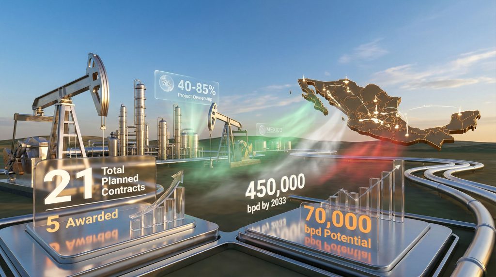 PEMEX oil production infographic with projections.