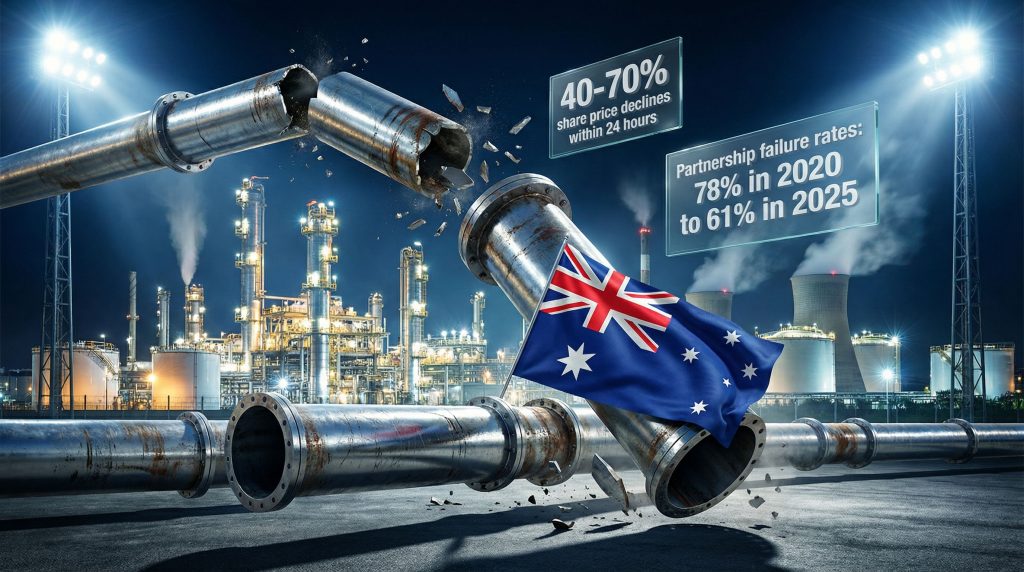 Broken pipeline with Australian flag and statistics.