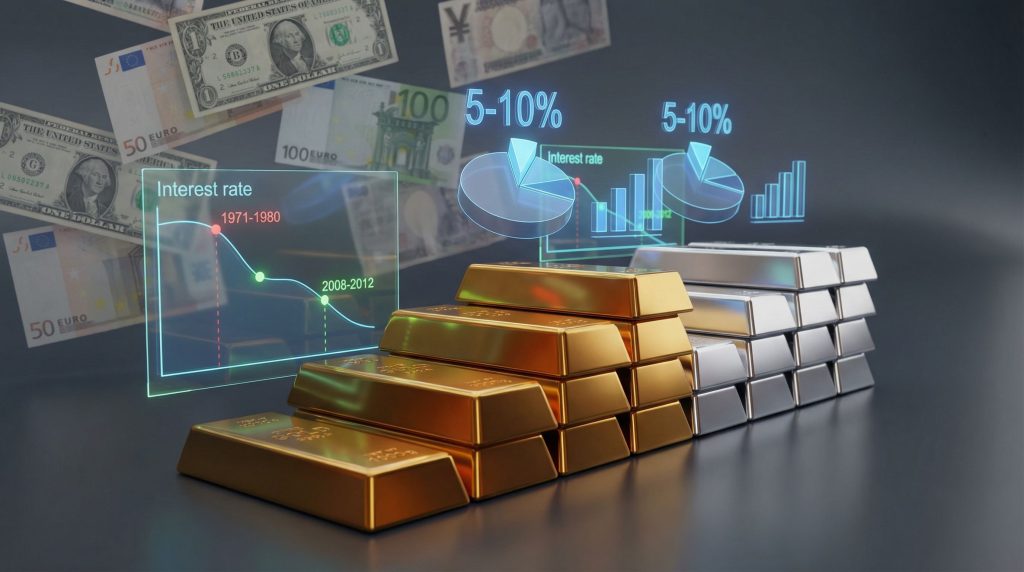 Gold and silver bars symbolize protection against currency debasement.