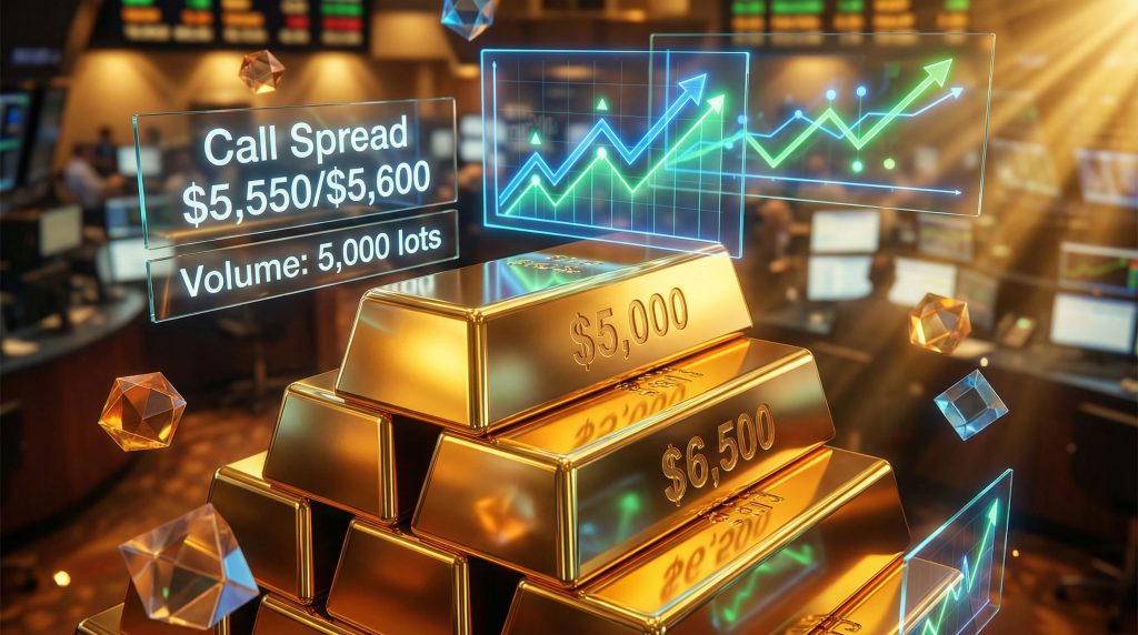 Gold bars, call spread, bullish chart.