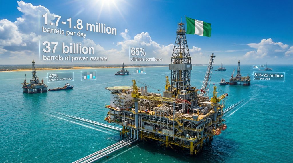 Offshore oil rigs, Nigerian flag, production statistics.
