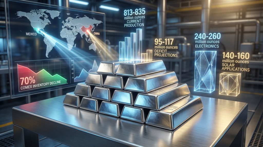 Stacked silver bars highlight supply deficit.