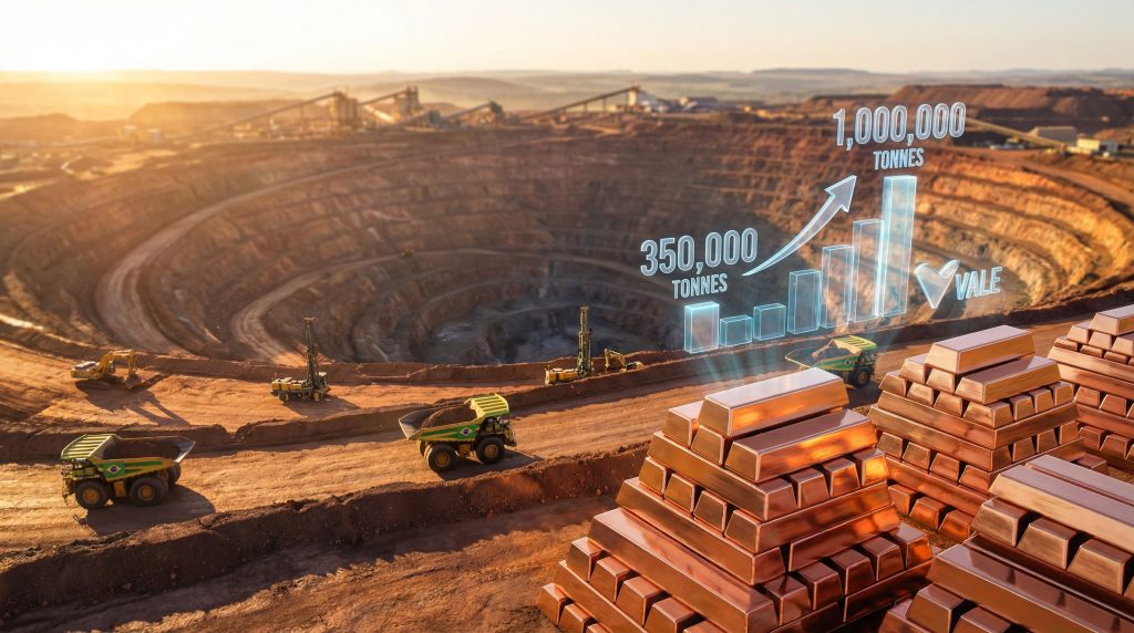 Vale copper production target with mining trucks.