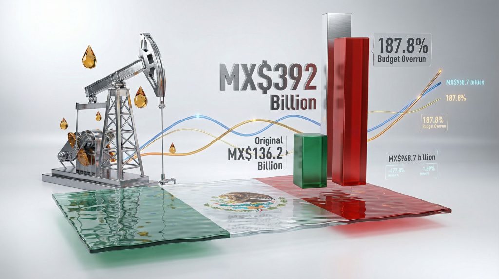 Oil rig with Mexican flag and financial data.