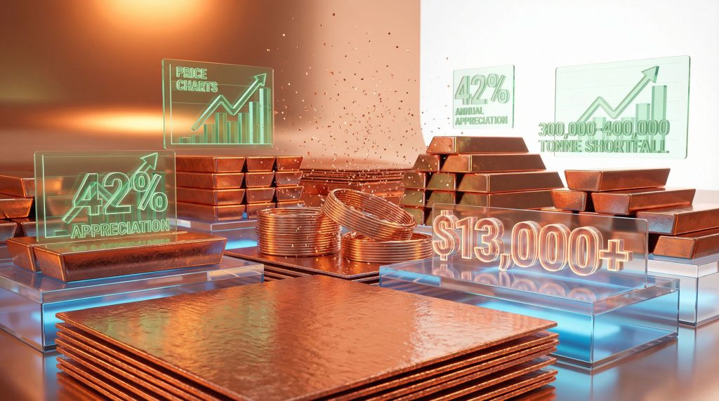 Copper price surge with rising charts.