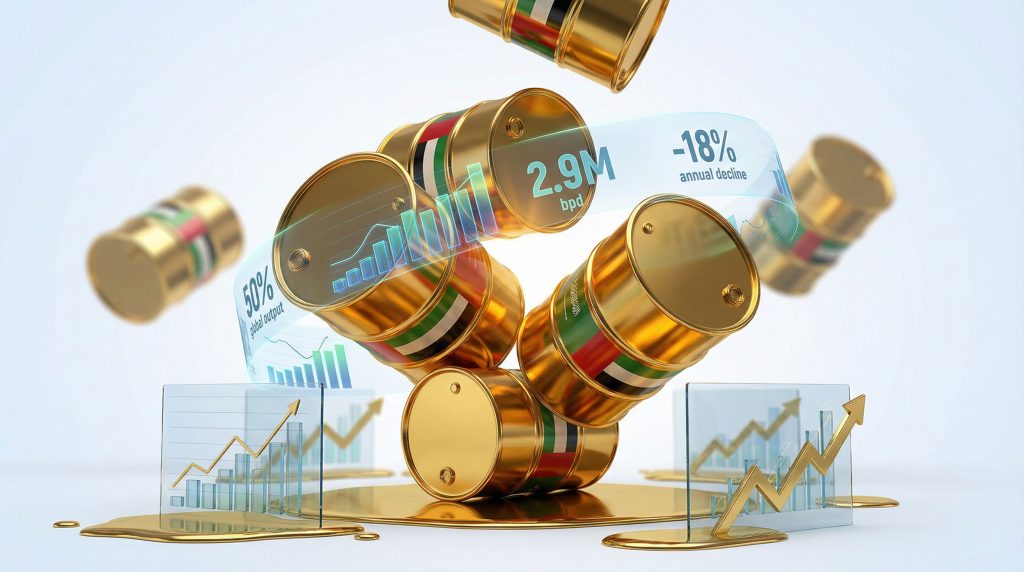 Oil barrels and fluctuating graphs illustrate OPEC+ decision.