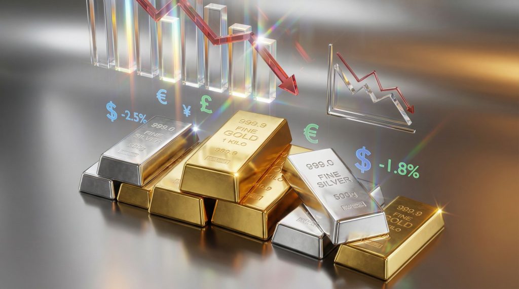 Gold and silver prices fall sharply, graph.