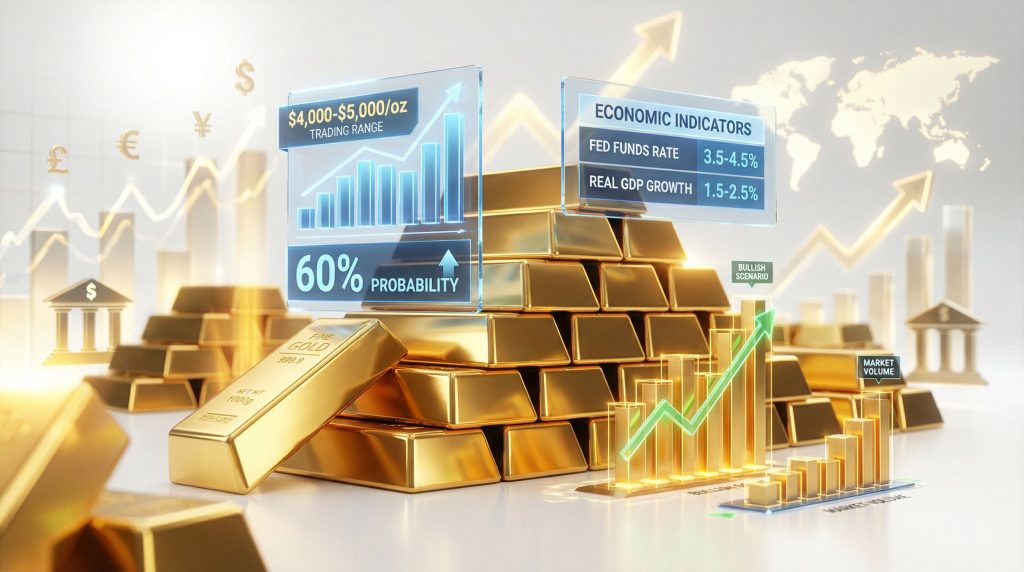 Gold bars stacked with economic growth indicators.