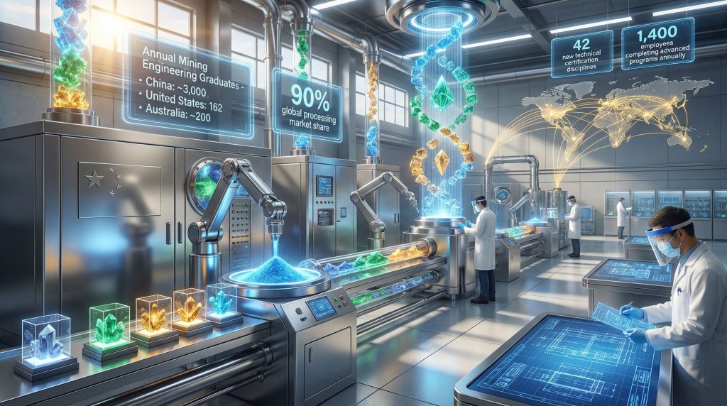 Futuristic lab scene highlighting China rare earth workforce development.