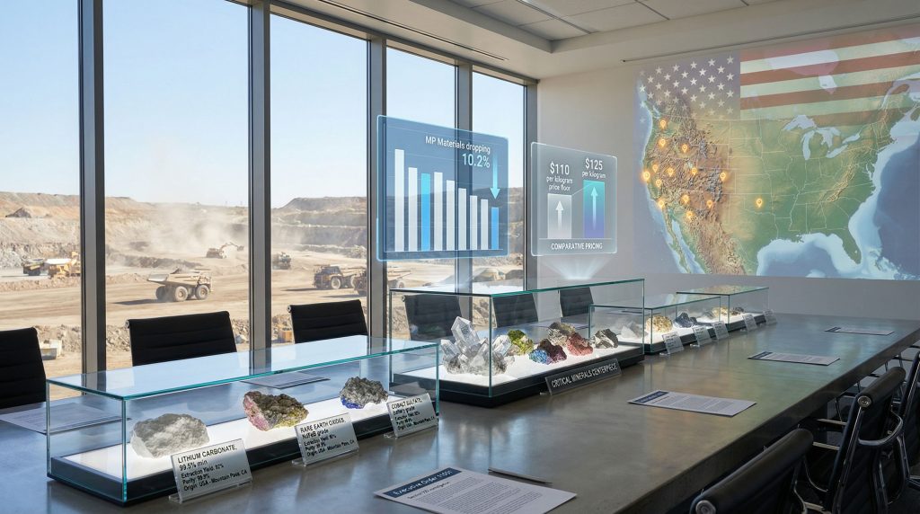 Map and minerals display in meeting room.