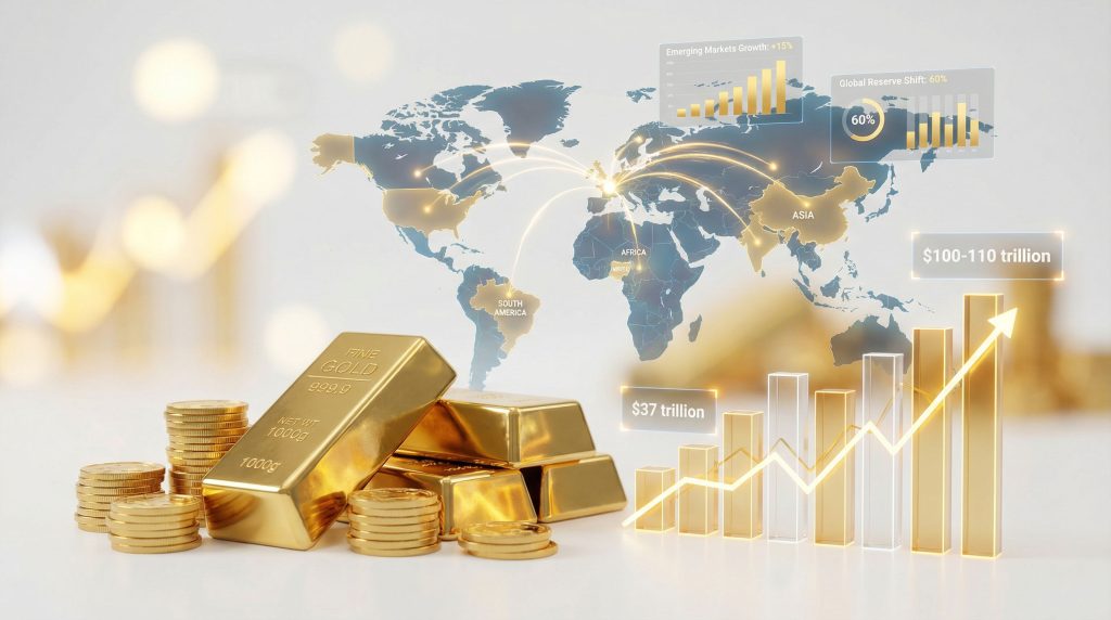Gold bars and coins with global financial charts.