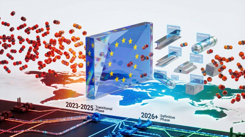 Europe's Carbon Border Adjustment Mechanism illustration, 2023-2025 transition.