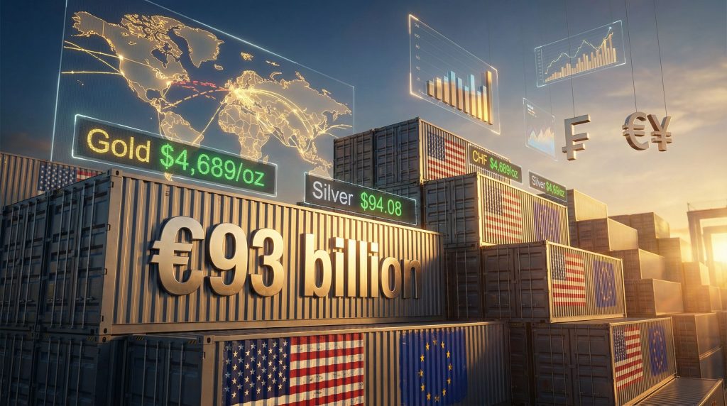 Shipping containers with currency symbols and flags.