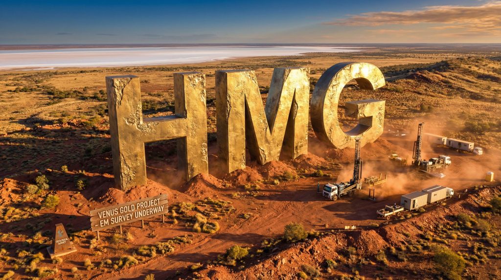 Hamelin Gold Ltd-HMG-Huge "HMG" letters in desert landscape.