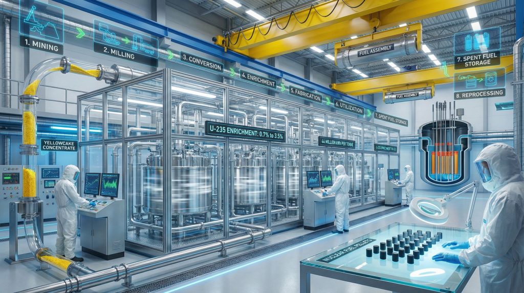 Scientists observe uranium fuel cycle process.