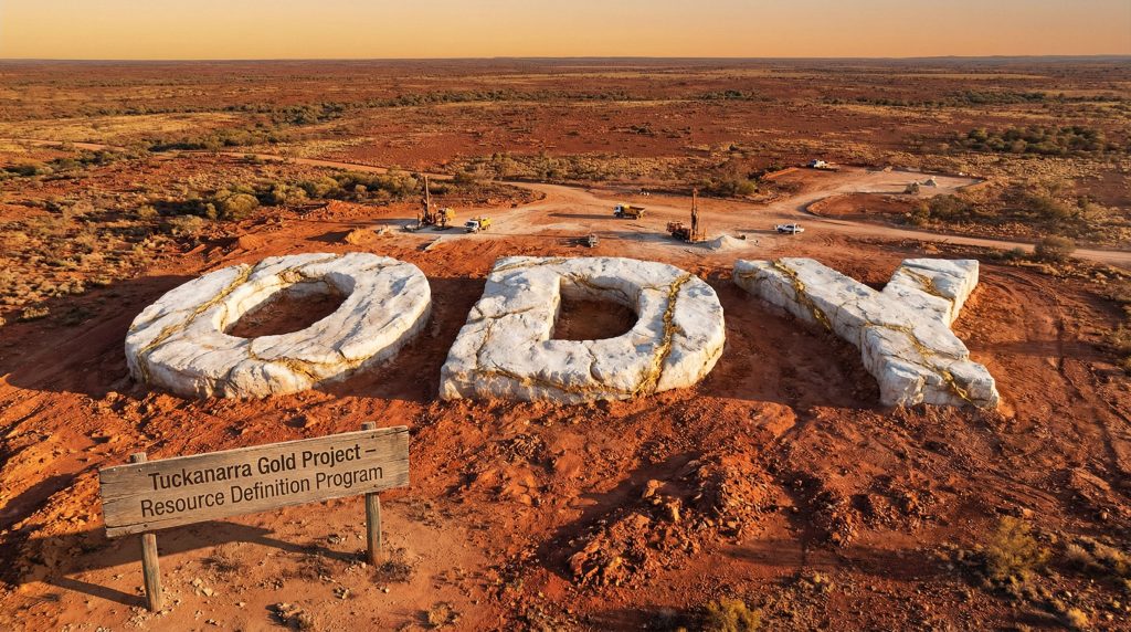 Odyssey Gold Ltd-ODY-Tuckanarra Gold Project sign in landscape.