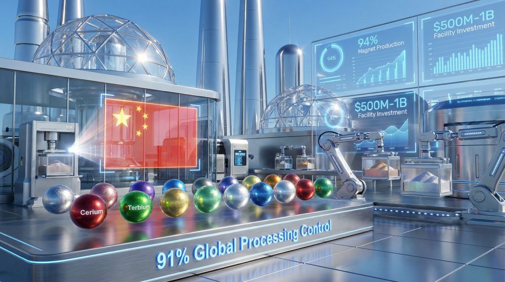 Futuristic lab illustrating China's rare earth processing dominance.