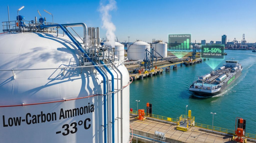 Low-carbon ammonia bunkering at industrial port.