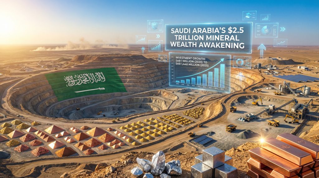 Saudi Arabia mining investment visualized in desert.