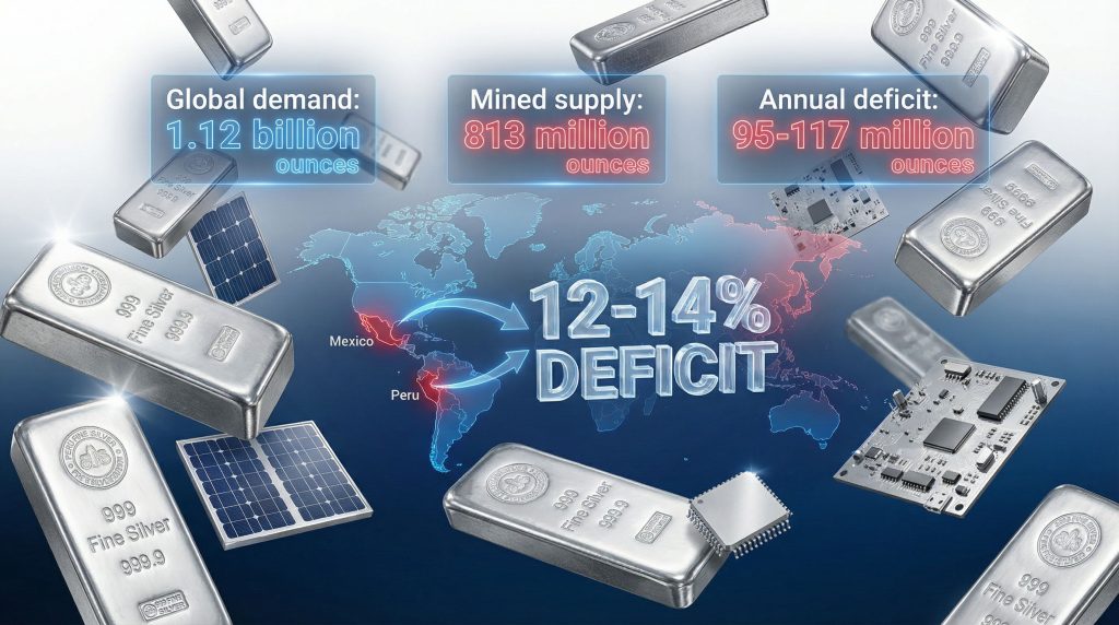 Silver supply deficit represented with map and bars.