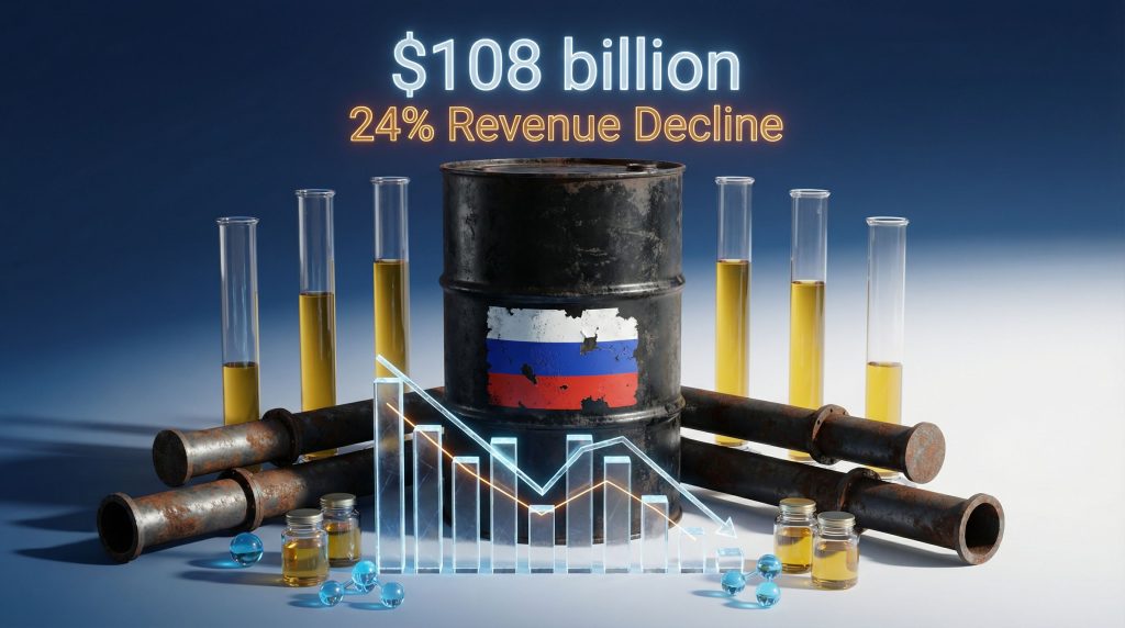 Barrel and graph illustrating Russian oil and gas revenue decline.