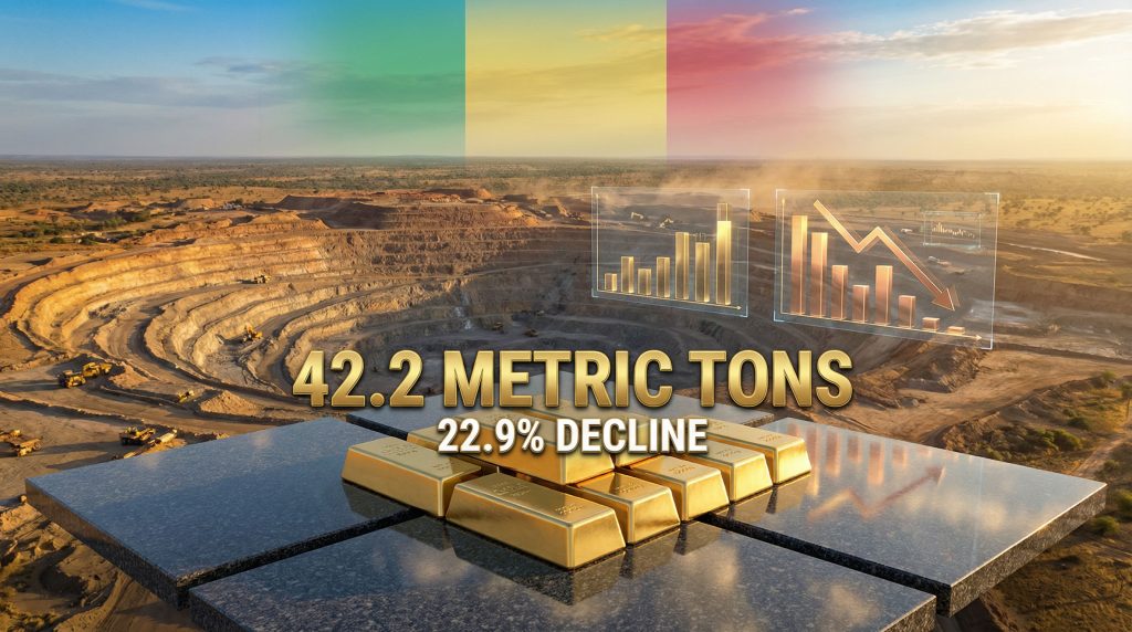 Mali gold output decline with mining visuals.