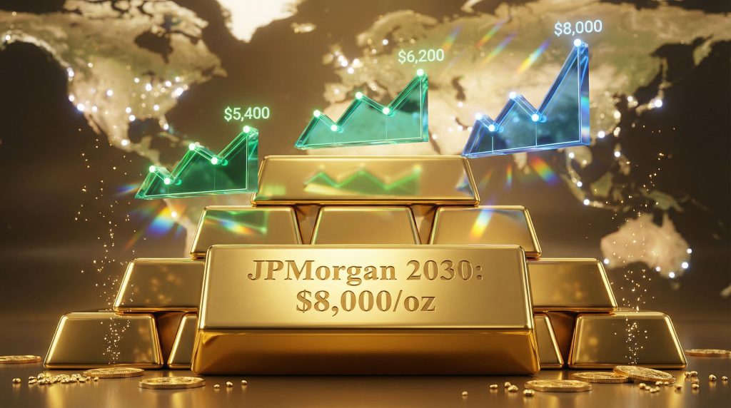 JPMorgan gold price forecast 2030: $8,000/oz prediction.