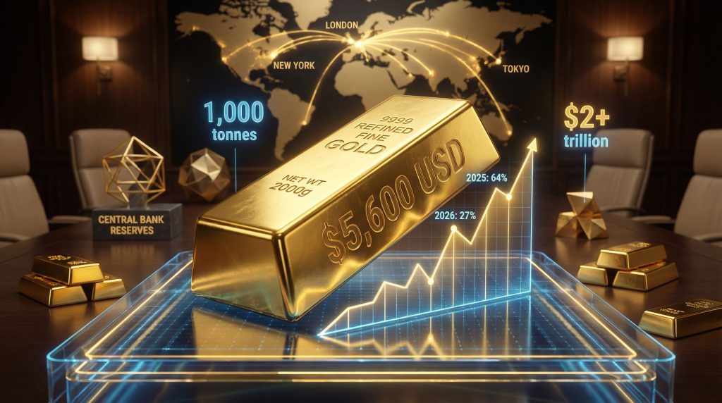 Gold explosion depicting value reaching 5600 USD.