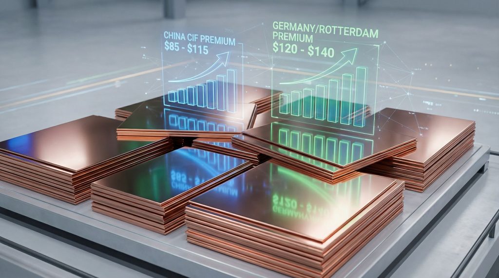 Copper grade A cathode premiums displayed.