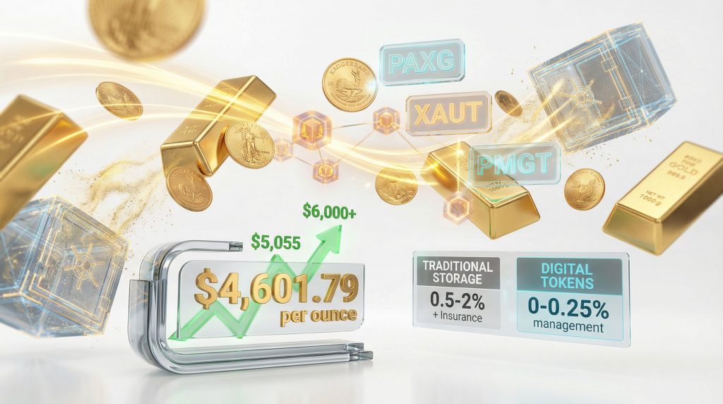 Gold bars and coins with price indicators.