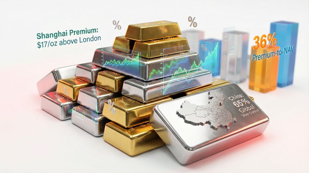 Gold and silver bars, investment charts.