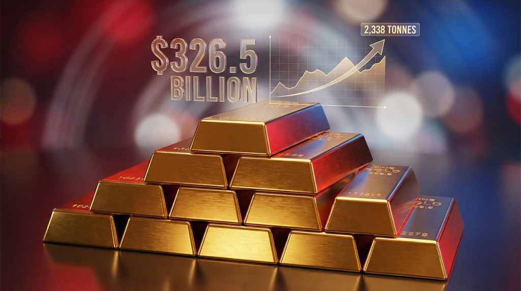 Gold bars stacked, symbolizing Russia's economic strategy.