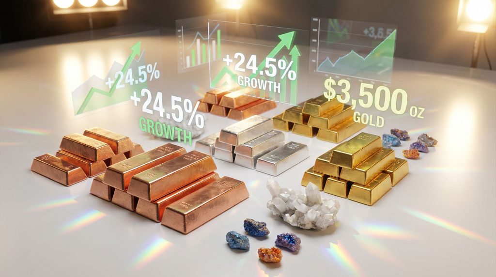 Gold and silver bars signify commodity bull market.