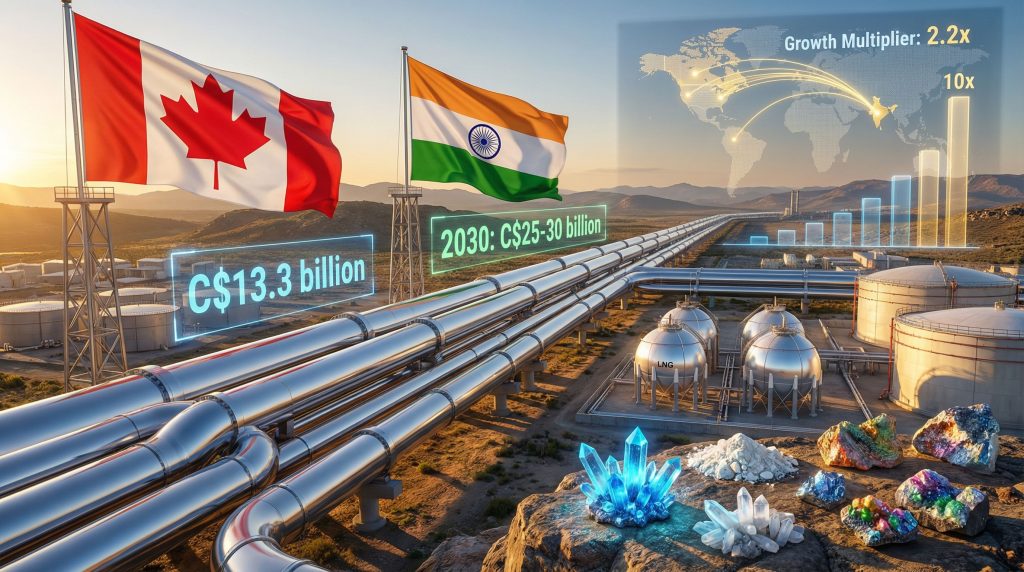 Canada India energy trade agreement visualized with pipelines.