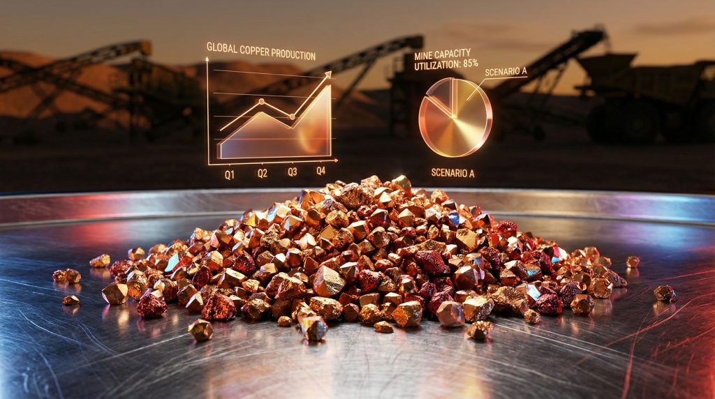 Copper ore pile with production charts.