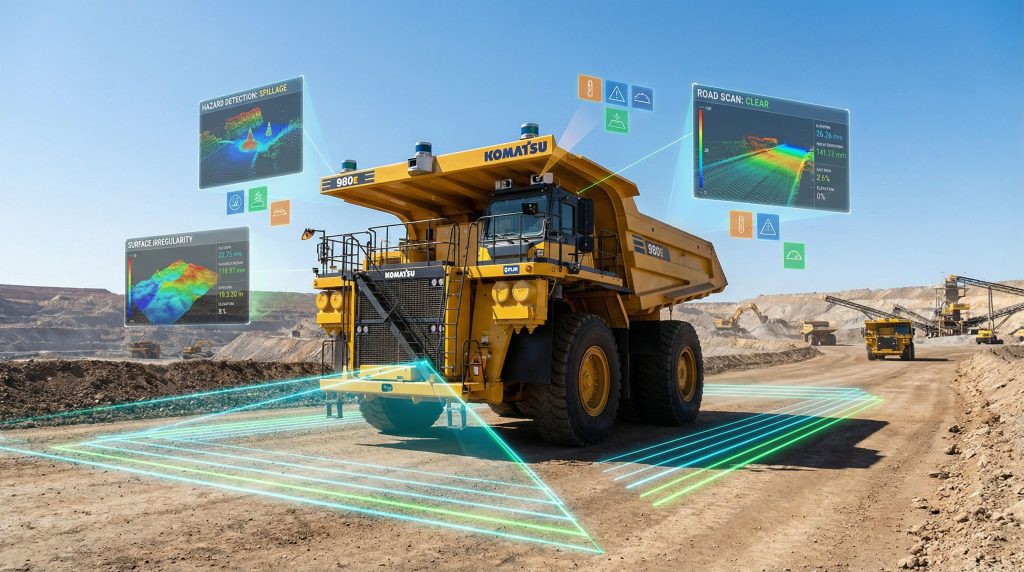 Mining truck equipped with autonomous haul road hazard detection.