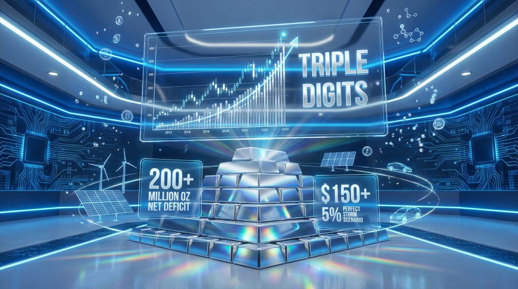 Futuristic depiction of triple-digit silver prices prediction.