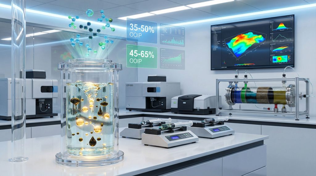 Advanced laboratory illustrating enhanced oil recovery chemistry.
