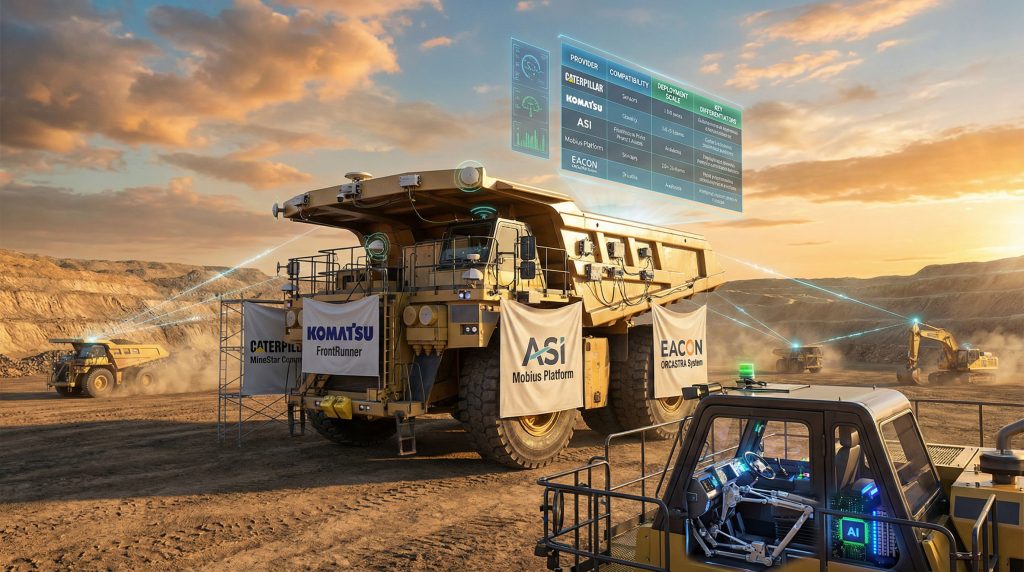 Autonomous mining trucks with advanced technology.