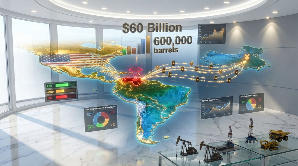 Illustration of US-Venezuela conflict and China's investments.