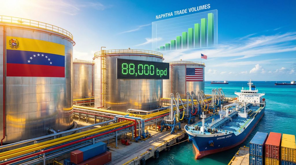 Oil tanks and ship illustrating naphtha flows to Venezuela.