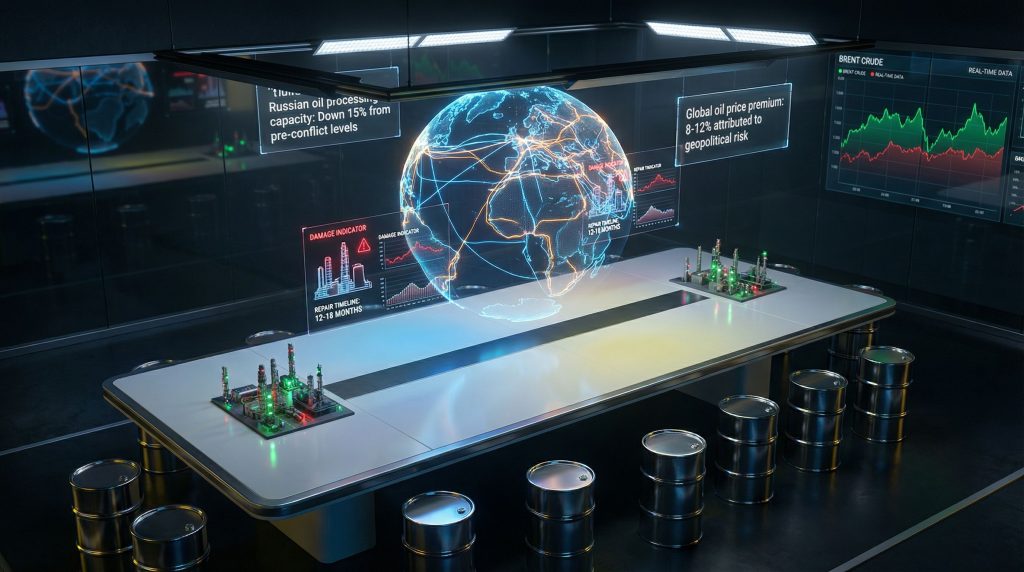 Futuristic room simulating Ukrainian drone impacts.